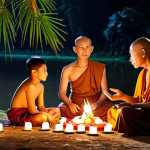 **

A multigenerational Thai family celebrating Loy Krathong at night near a river in Chiang Mai. The grandfather is giving advice to a young man, surrounded by family members. Focus on the warm, respectful atmosphere and the glowing lights of the Krathongs. The scene should convey a sense of tradition, wisdom, and familial bonds. Incorporate elements of Theravada Buddhism with monks in the background.

**
