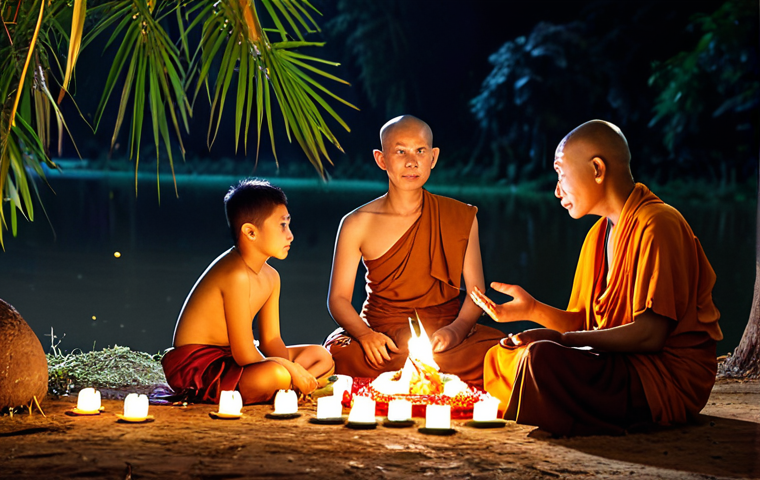 **

A multigenerational Thai family celebrating Loy Krathong at night near a river in Chiang Mai. The grandfather is giving advice to a young man, surrounded by family members. Focus on the warm, respectful atmosphere and the glowing lights of the Krathongs. The scene should convey a sense of tradition, wisdom, and familial bonds. Incorporate elements of Theravada Buddhism with monks in the background.

**