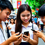 **Image of Thai university students discussing politics via social media on their smartphones in Bangkok. Focus on vibrant city life blended with technology and youthful energy. Emphasize the feeling of change and future.**