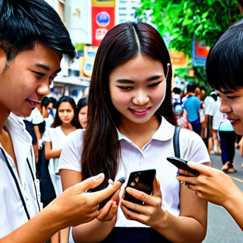 **Image of Thai university students discussing politics via social media on their smartphones in Bangkok. Focus on vibrant city life blended with technology and youthful energy. Emphasize the feeling of change and future.**