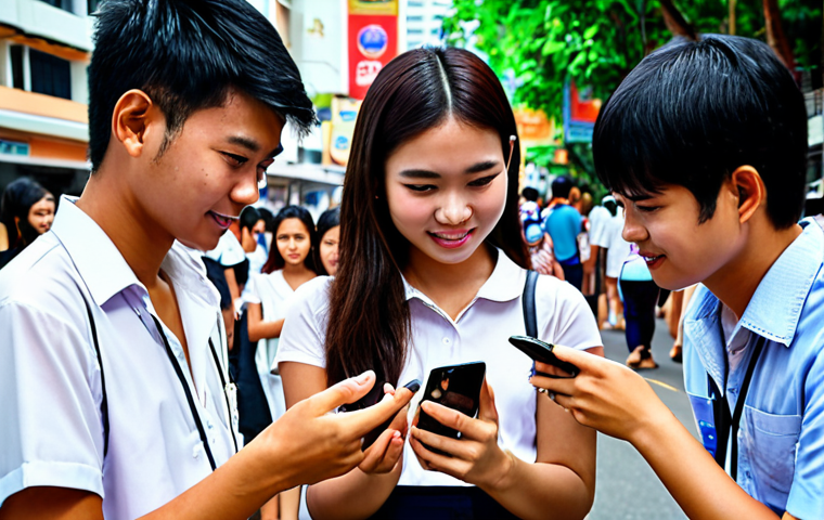 **Image of Thai university students discussing politics via social media on their smartphones in Bangkok. Focus on vibrant city life blended with technology and youthful energy. Emphasize the feeling of change and future.**
