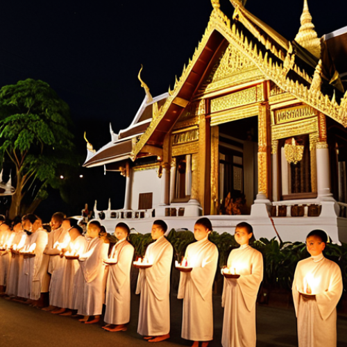 **Magha Puja Ceremony:** A serene nighttime scene in Chiang Mai, Thailand. Focus on faithful devotees dressed in white, holding lit candles during the "Wien Tien" procession around a temple. Capture the spiritual atmosphere with soft lighting and sacred chants in the background.