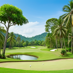 Lush green golf course in Thailand with tropical trees and monkeys, blue sky.