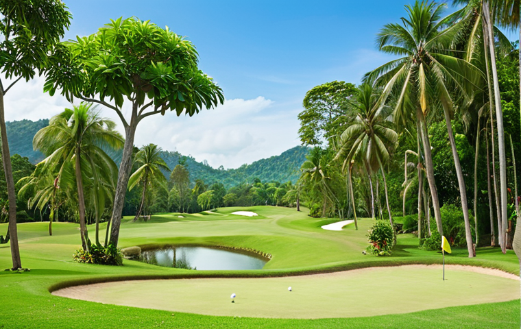 Lush green golf course in Thailand with tropical trees and monkeys, blue sky.