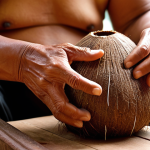 A close-up, evocative shot of a Thai musician, potentially elderly, playing a **Saw Duang**. Their eyes are gently closed, showcasing deep emotional connection and focus. Soft, warm light highlights the intricate details of the Saw Duang's coconut shell body and the delicate movements of their hands. The background is softly blurred, hinting at a serene, traditional Thai setting like a quiet temple courtyard or an intimate cafe.
