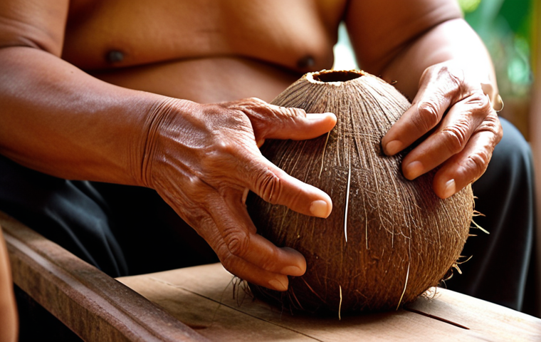 A close-up, evocative shot of a Thai musician, potentially elderly, playing a **Saw Duang**. Their eyes are gently closed, showcasing deep emotional connection and focus. Soft, warm light highlights the intricate details of the Saw Duang's coconut shell body and the delicate movements of their hands. The background is softly blurred, hinting at a serene, traditional Thai setting like a quiet temple courtyard or an intimate cafe.