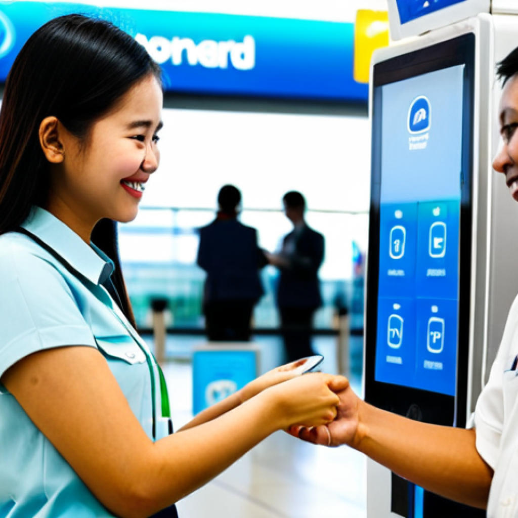 A professional female digital nomad, fully clothed in modest and comfortable travel attire, standing at a modern telecommunication service kiosk inside a bustling, brightly lit international airport. She is holding her smartphone, looking satisfied and surprised as a friendly Thai staff member assists her with activating a prepaid SIM card. The background features blurred, contemporary airport architecture and signs for major Thai mobile operators like AIS, TrueMove H, and Dtac. This scene emphasizes seamless connectivity and ease of access. Professional photography, natural light, high resolution, crisp focus, vibrant colors, perfect anatomy, correct proportions, natural pose, well-formed hands, proper finger count, natural body proportions, safe for work, appropriate content, fully clothed, professional.
