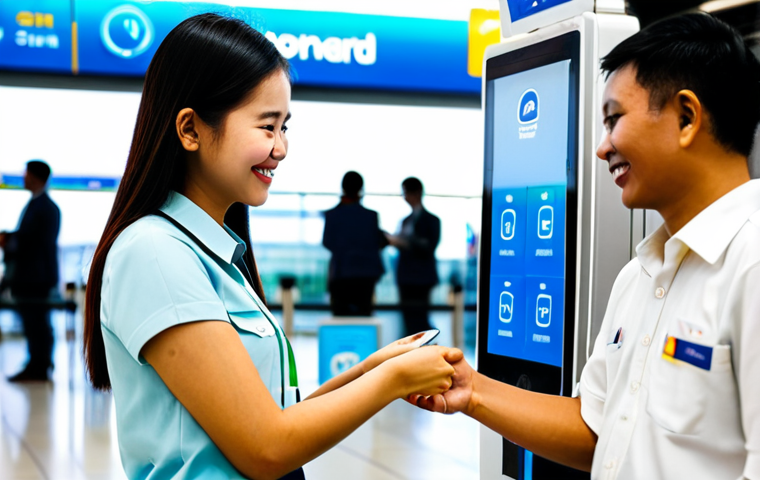 A professional female digital nomad, fully clothed in modest and comfortable travel attire, standing at a modern telecommunication service kiosk inside a bustling, brightly lit international airport. She is holding her smartphone, looking satisfied and surprised as a friendly Thai staff member assists her with activating a prepaid SIM card. The background features blurred, contemporary airport architecture and signs for major Thai mobile operators like AIS, TrueMove H, and Dtac. This scene emphasizes seamless connectivity and ease of access. Professional photography, natural light, high resolution, crisp focus, vibrant colors, perfect anatomy, correct proportions, natural pose, well-formed hands, proper finger count, natural body proportions, safe for work, appropriate content, fully clothed, professional.