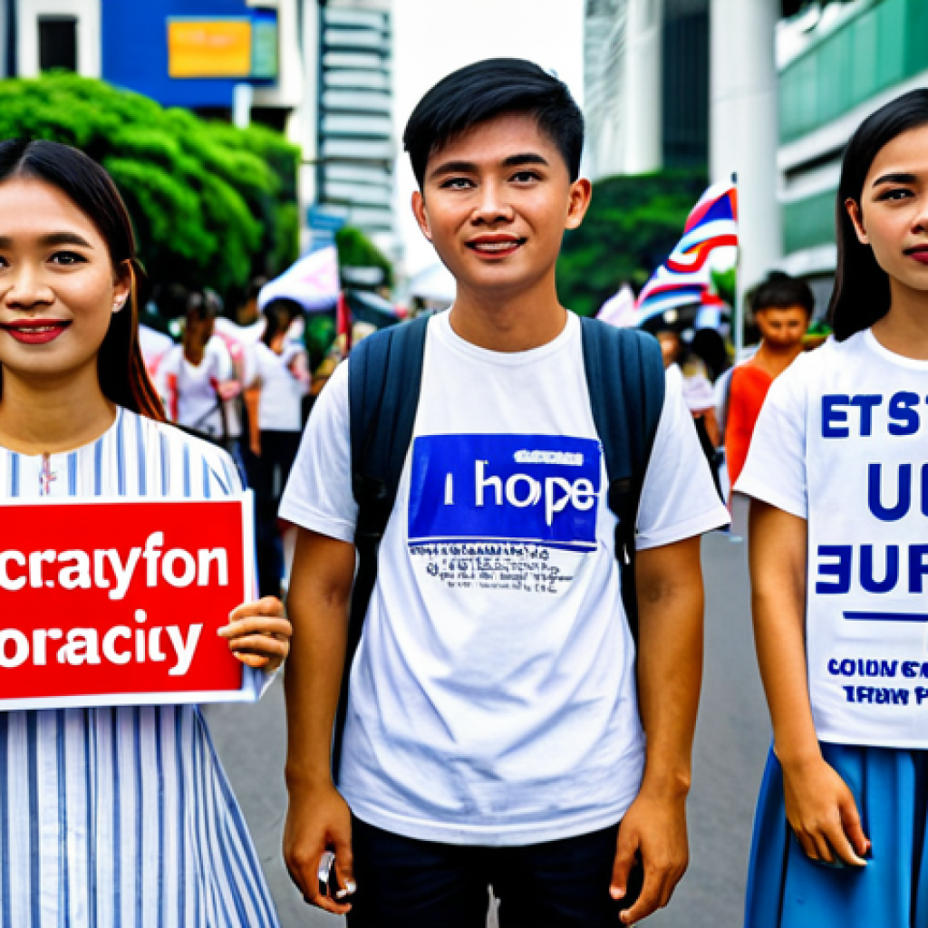 Youthful Hope in Bangkok**
"A group of young Thai people, fully clothed in modest street wear, holding signs advocating for democracy and social justice during a peaceful demonstration in Bangkok, Thailand. The background features iconic Bangkok architecture with blurred city life, appropriate attire, safe for work, family-friendly, perfect anatomy, correct proportions, natural pose, professional photography, high quality, vibrant colors, hope."
**