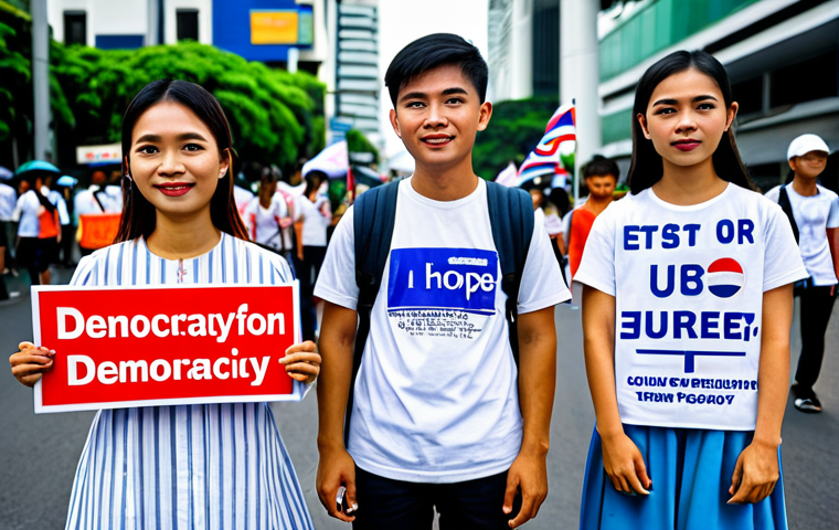 Youthful Hope in Bangkok**

"A group of young Thai people, fully clothed in modest street wear, holding signs advocating for democracy and social justice during a peaceful demonstration in Bangkok, Thailand. The background features iconic Bangkok architecture with blurred city life, appropriate attire, safe for work, family-friendly, perfect anatomy, correct proportions, natural pose, professional photography, high quality, vibrant colors, hope."

**