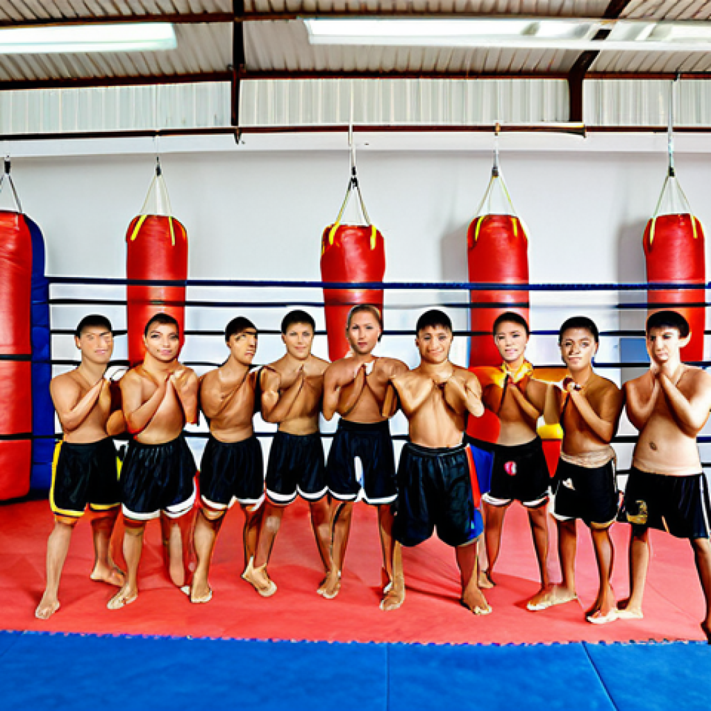 Muay Thai Training**

"A group of young adults, fully clothed in appropriate Muay Thai attire, training in a traditional Thai gym, with experienced instructors guiding them.  Emphasis on discipline and respect. Background showing traditional Thai decorations. Safe for work, professional, modest, perfect anatomy, natural poses, well-formed hands, proper finger count, appropriate content."

**