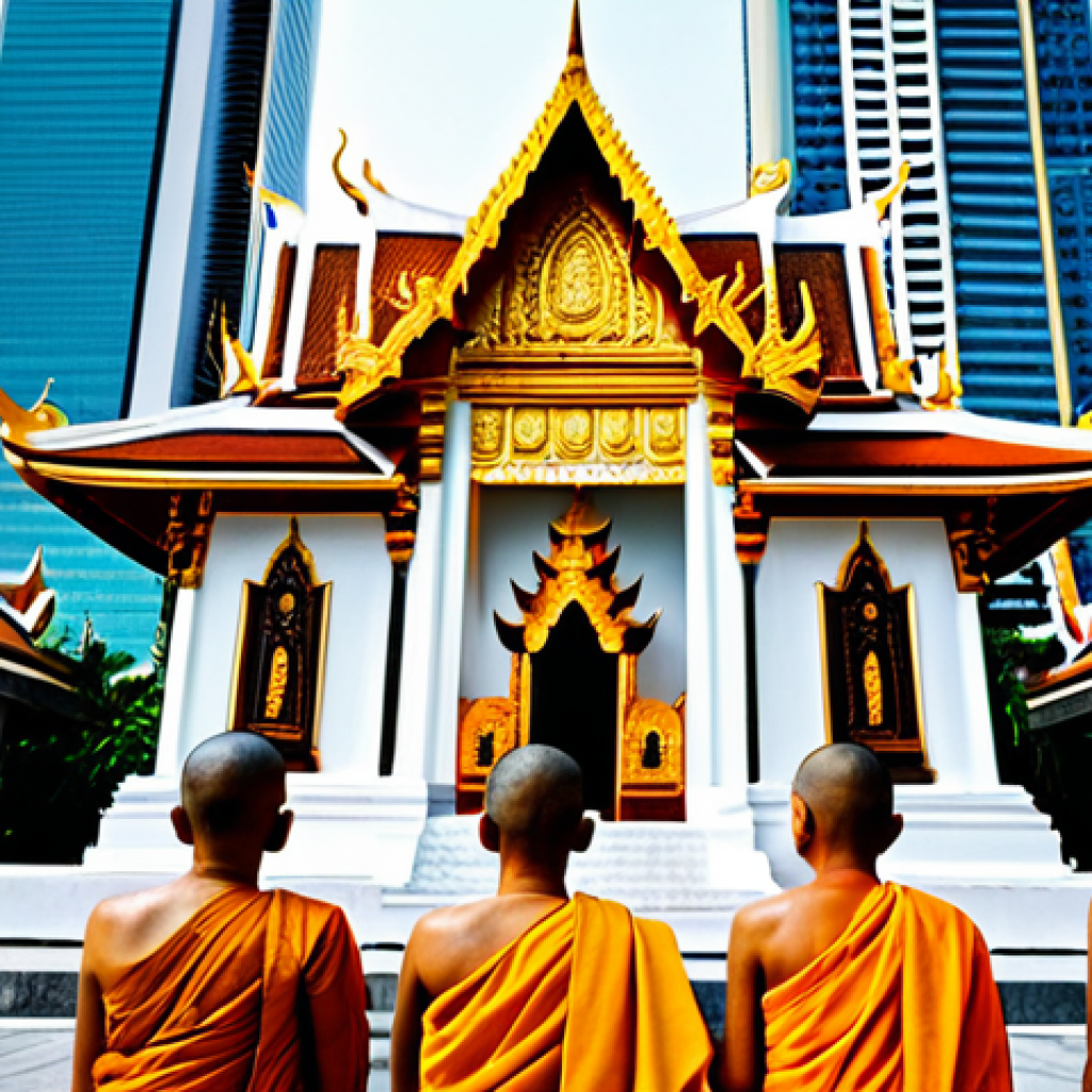 태국의 문화적 다변성 - **Prompt:** A serene temple in Bangkok, Thailand, with golden statues and intricate decorations. Mon...