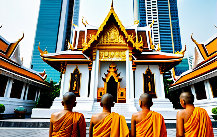 태국의 문화적 다변성 - **Prompt:** A serene temple in Bangkok, Thailand, with golden statues and intricate decorations. Mon...