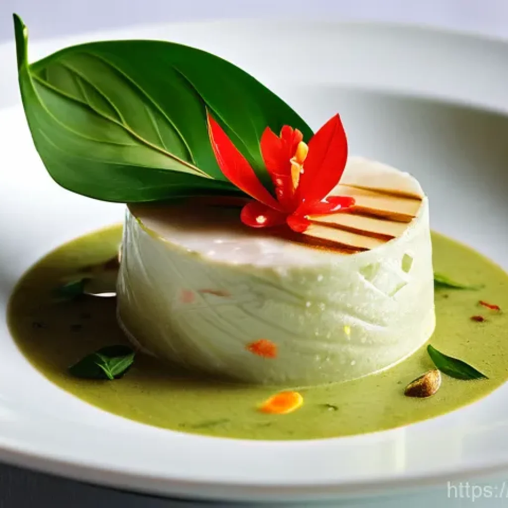 태국의 고급 요리 코스 - Exquisite Thai Green Curry Presentation**
A close-up, high-angle shot of an exquisitely plated high...