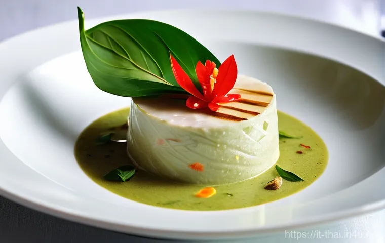 태국의 고급 요리 코스 - Exquisite Thai Green Curry Presentation**
A close-up, high-angle shot of an exquisitely plated high...