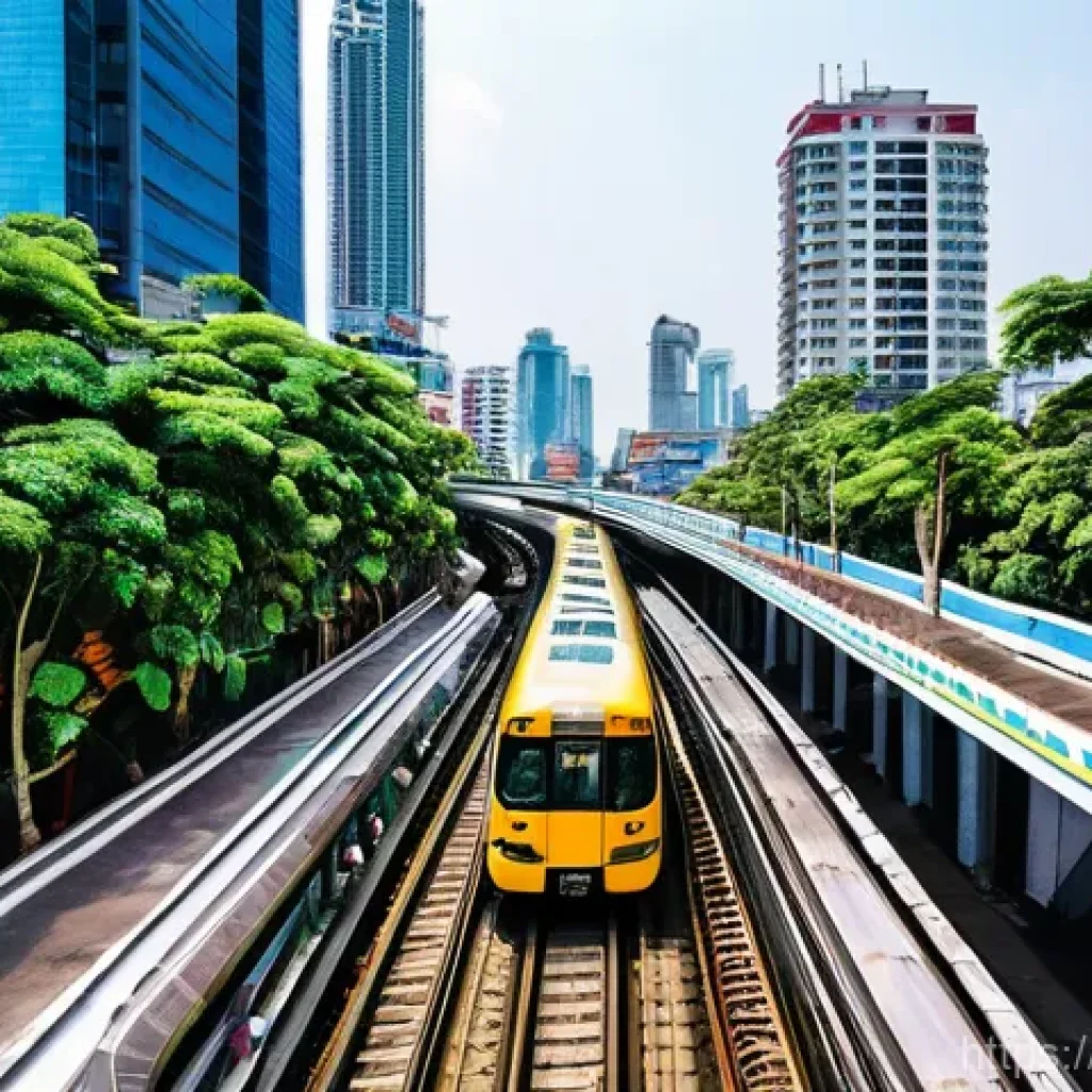 태국의 교통 인프라 - **Prompt:** A vibrant, futuristic Bangkok Skytrain (BTS) glides gracefully on elevated tracks, offer...