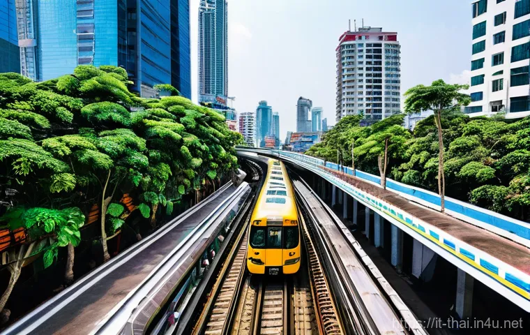 태국의 교통 인프라 - **Prompt:** A vibrant, futuristic Bangkok Skytrain (BTS) glides gracefully on elevated tracks, offer...