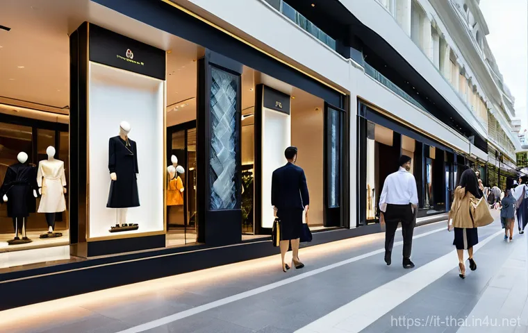 태국의 글로벌 브랜드 성장 - **Prompt:** A bustling, luxurious shopping mall in Bangkok, reminiscent of Siam Paragon or ICONSIAM....