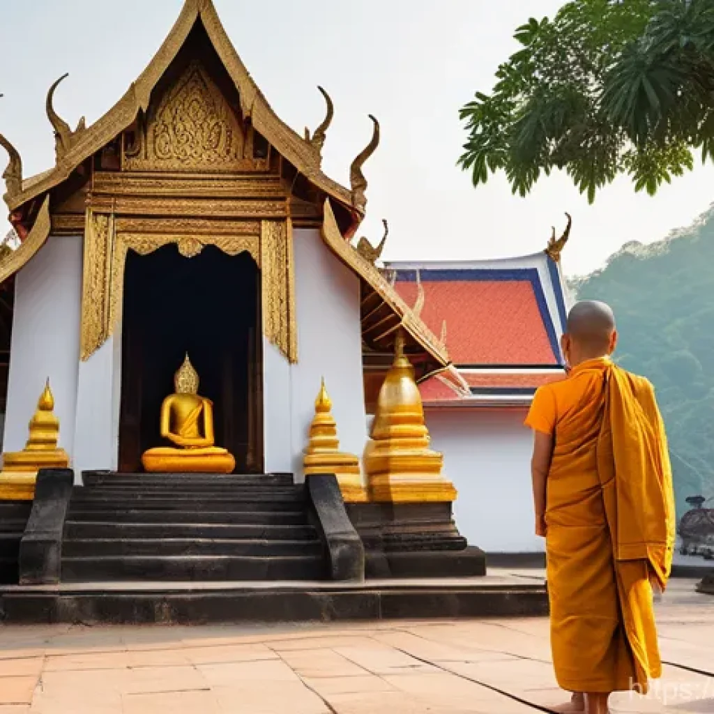 태국의 전통 의식 - **Morning Alms Round (Tak Bat) at a Thai Temple.**
A serene and picturesque scene set at dawn in...