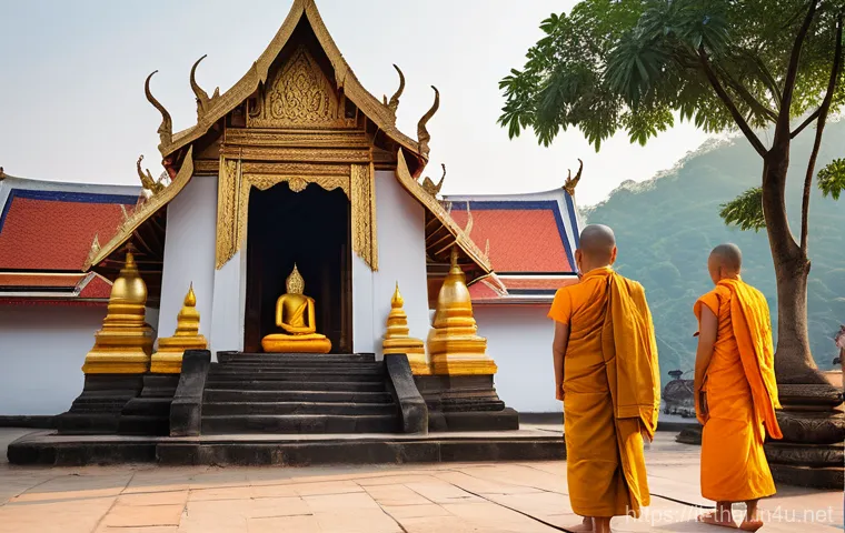 태국의 전통 의식 - **Morning Alms Round (Tak Bat) at a Thai Temple.**
A serene and picturesque scene set at dawn in...