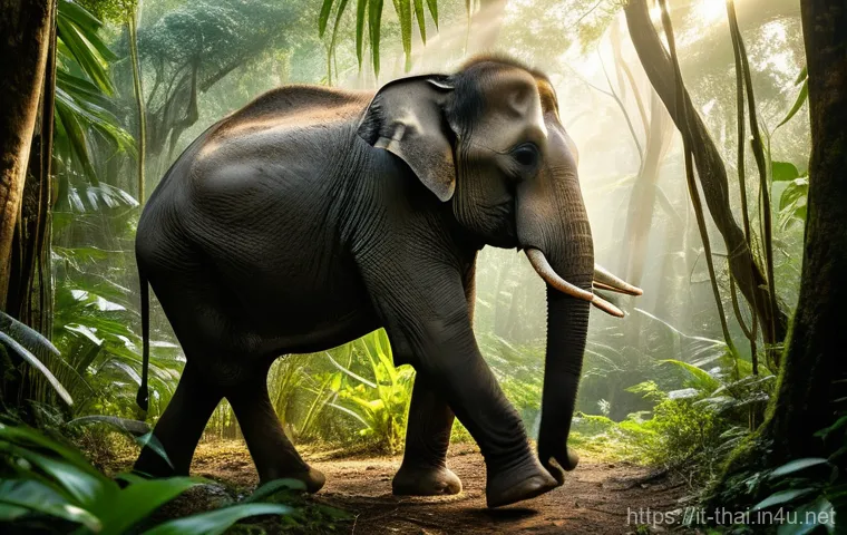 태국의 야생 생태 보호 - "A majestic, serene scene of an adult Asian elephant walking freely through a lush, sun-drenched Tha...