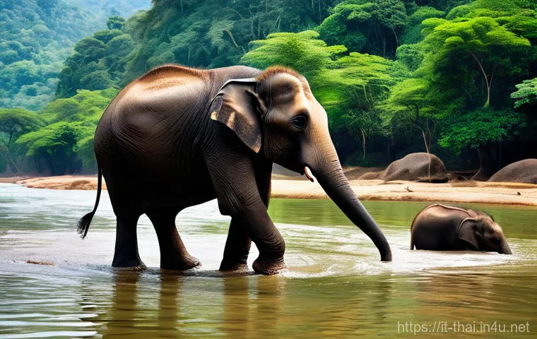 태국의 야생 생태 보호 - "A majestic, serene scene of an adult Asian elephant walking freely through a lush, sun-drenched Tha...