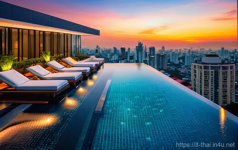 태국의 주택 임대 시장 - **Prompt:** A vibrant, high-angle shot showcasing a luxurious rooftop infinity pool in a modern Bang...