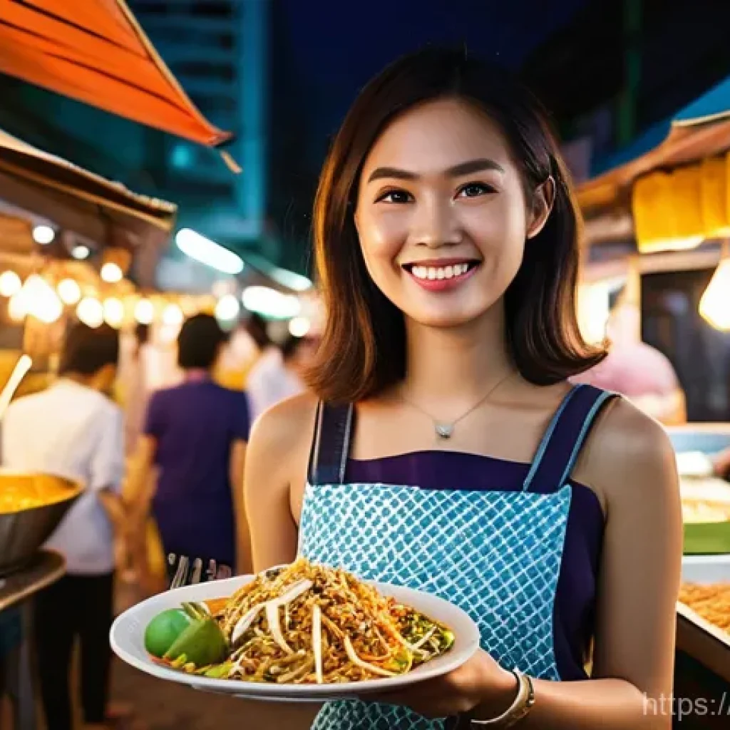 태국에서의 아르바이트 - **Prompt:** A vibrant and bustling street food market scene in Bangkok, Thailand, at dusk. A young w...