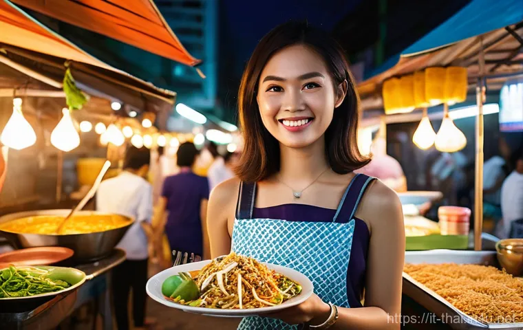 태국에서의 아르바이트 - **Prompt:** A vibrant and bustling street food market scene in Bangkok, Thailand, at dusk. A young w...