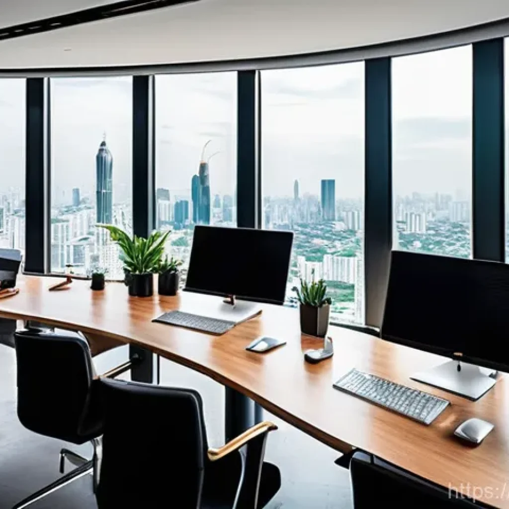 태국의 비즈니스 트렌드 - **Prompt:** "A vibrant, panoramic view of a modern, sleek co-working space located on a high floor o...