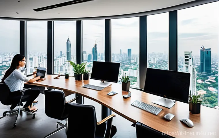 태국의 비즈니스 트렌드 - **Prompt:** "A vibrant, panoramic view of a modern, sleek co-working space located on a high floor o...