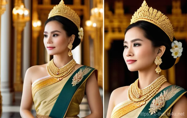 태국의 축제 의상 - **Regal Thai Woman in Chut Thai Chakri at a Royal Palace**
A graceful Thai woman, standing elega...