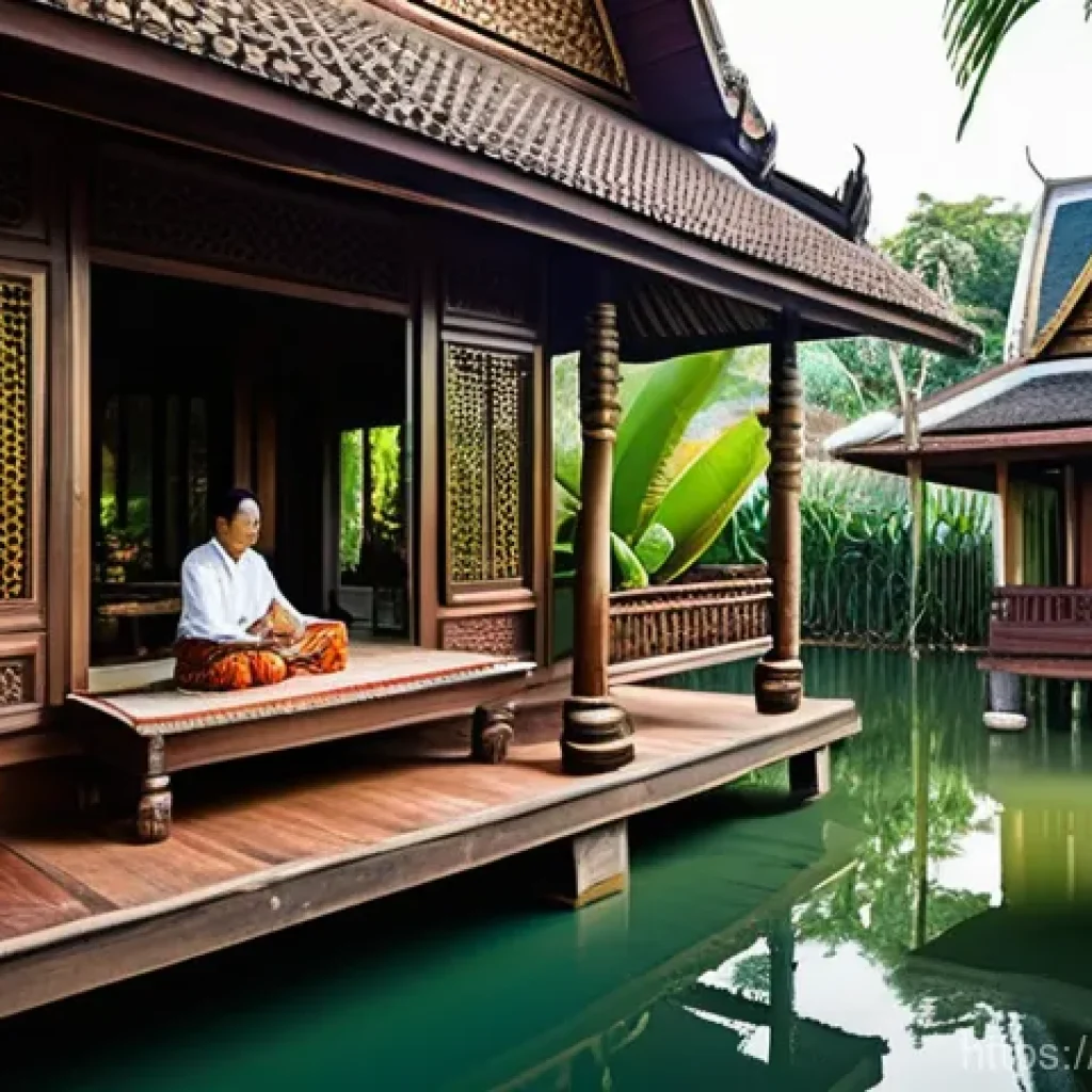 태국의 건축학 연구 - **Prompt:** A serene, traditional Thai wooden house on stilts, nestled amidst a lush, vibrant tropic...