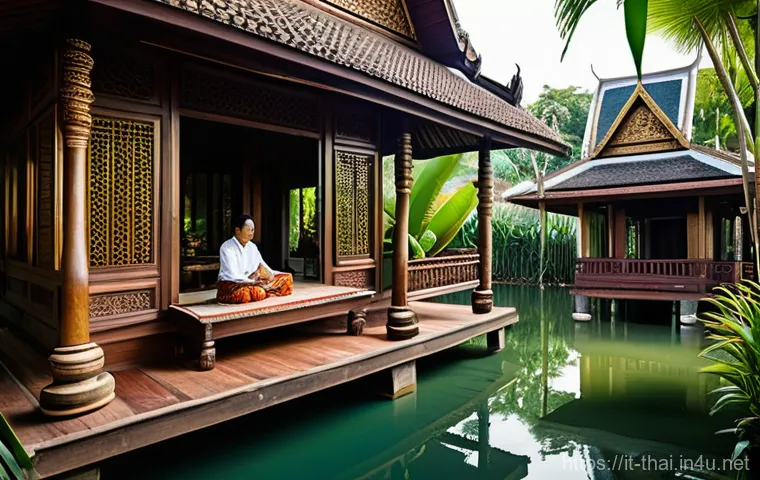 태국의 건축학 연구 - **Prompt:** A serene, traditional Thai wooden house on stilts, nestled amidst a lush, vibrant tropic...
