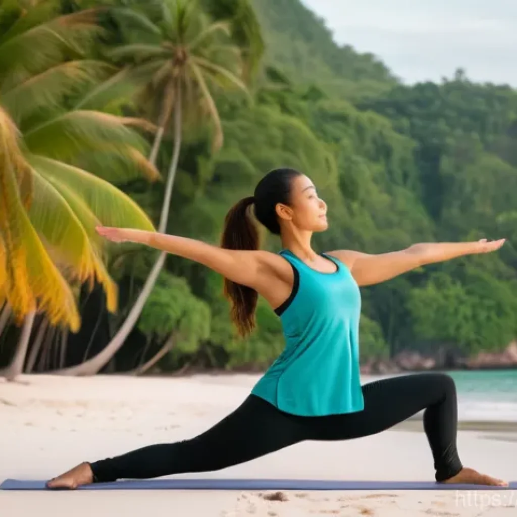 태국의 힐링 리조트 - **"A serene sunrise yoga session on a pristine white-sand beach in Thailand. A woman, elegantly dres...