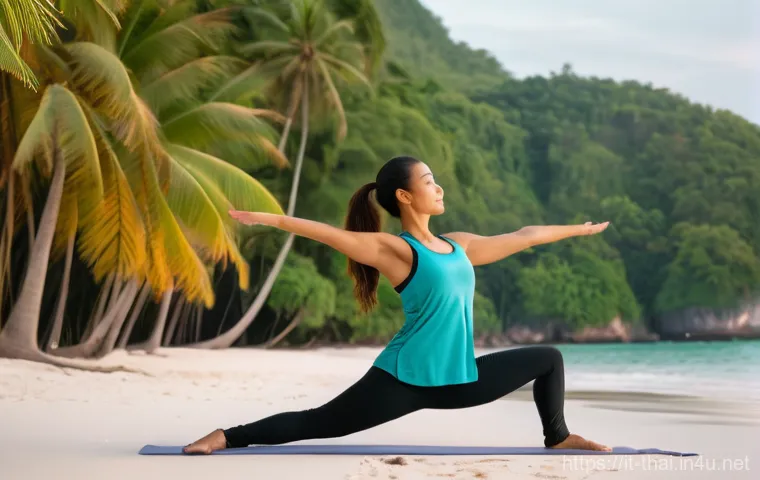 태국의 힐링 리조트 - **"A serene sunrise yoga session on a pristine white-sand beach in Thailand. A woman, elegantly dres...
