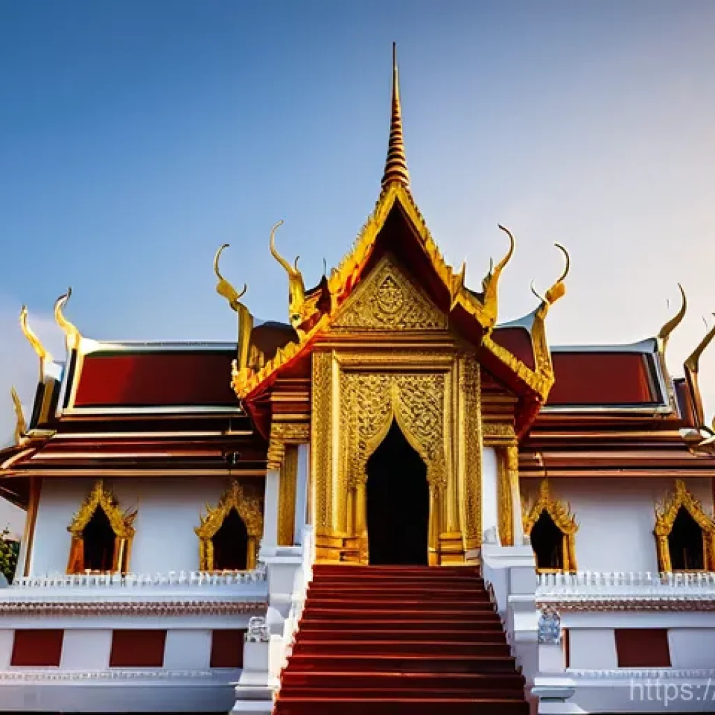 태국의 예술적 건축물 - A Majestic Golden Wat at Dawn**

"A wide shot capturing the grandeur of a traditional Thai 'wat' (te...