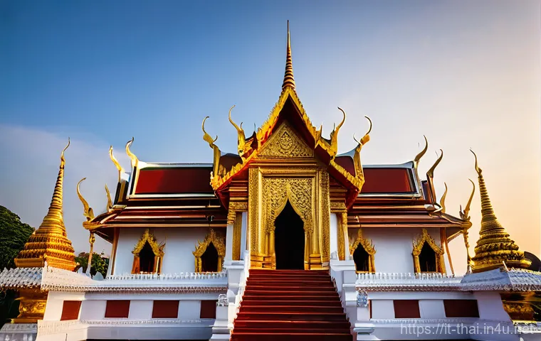 태국의 예술적 건축물 - A Majestic Golden Wat at Dawn**
"A wide shot capturing the grandeur of a traditional Thai 'wat' (te...