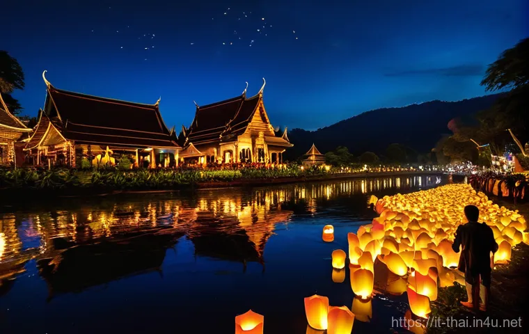 태국에서 자주 열리는 축제 - **Yi Peng Sky Lanterns over Chiang Mai:**
    "A stunning wide-angle shot of thousands of illuminate...