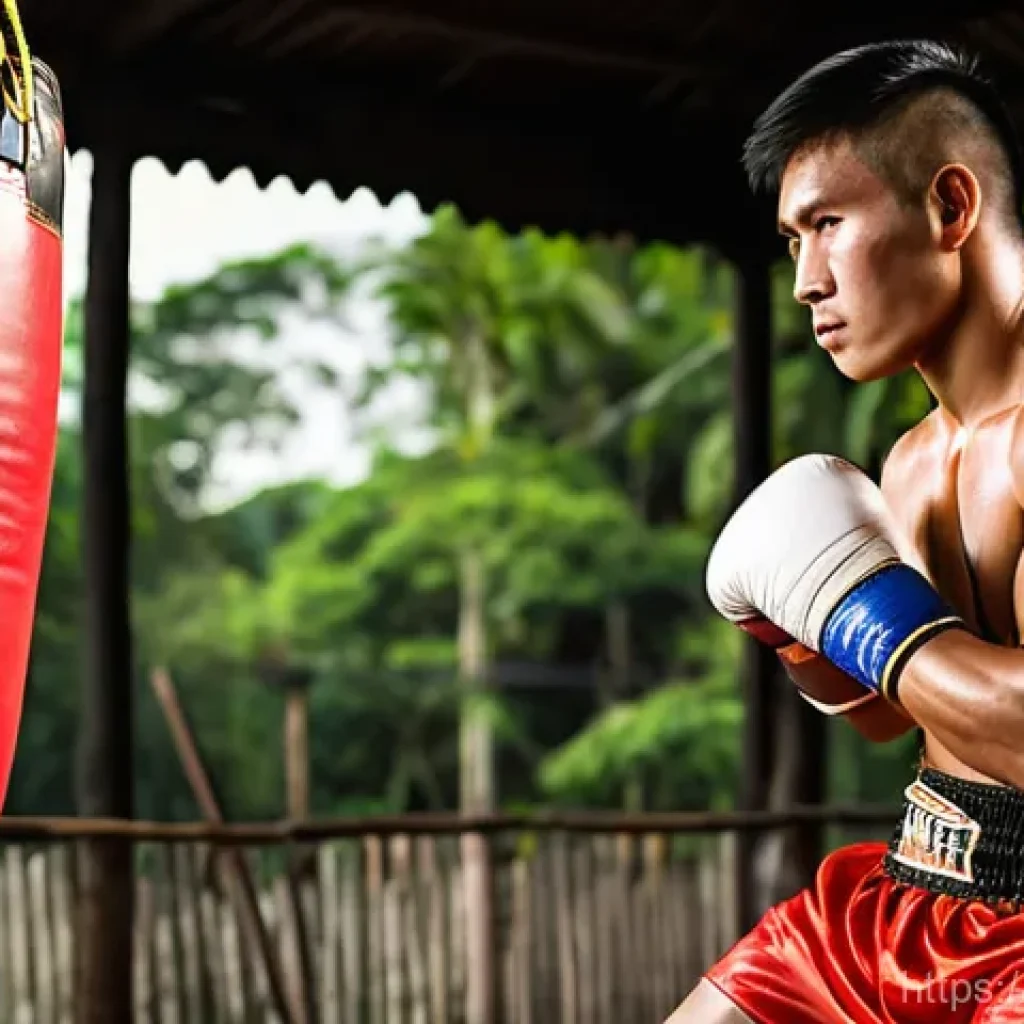 태국에서 유명한 인물 - **Prompt 1: Dynamic Muay Thai Warrior in Training**
A muscular and agile Thai male martial artis...