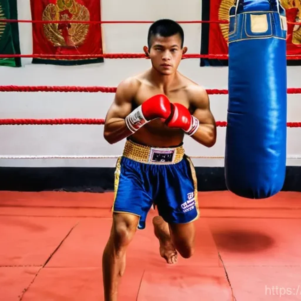 태국의 전통 스포츠 - **A Muay Thai fighter performing the Wai Kru Ram Muay ritual.**
A young, focused Muay Thai fight...