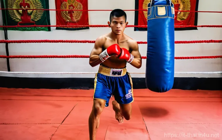 태국의 전통 스포츠 - **A Muay Thai fighter performing the Wai Kru Ram Muay ritual.**
    A young, focused Muay Thai fight...