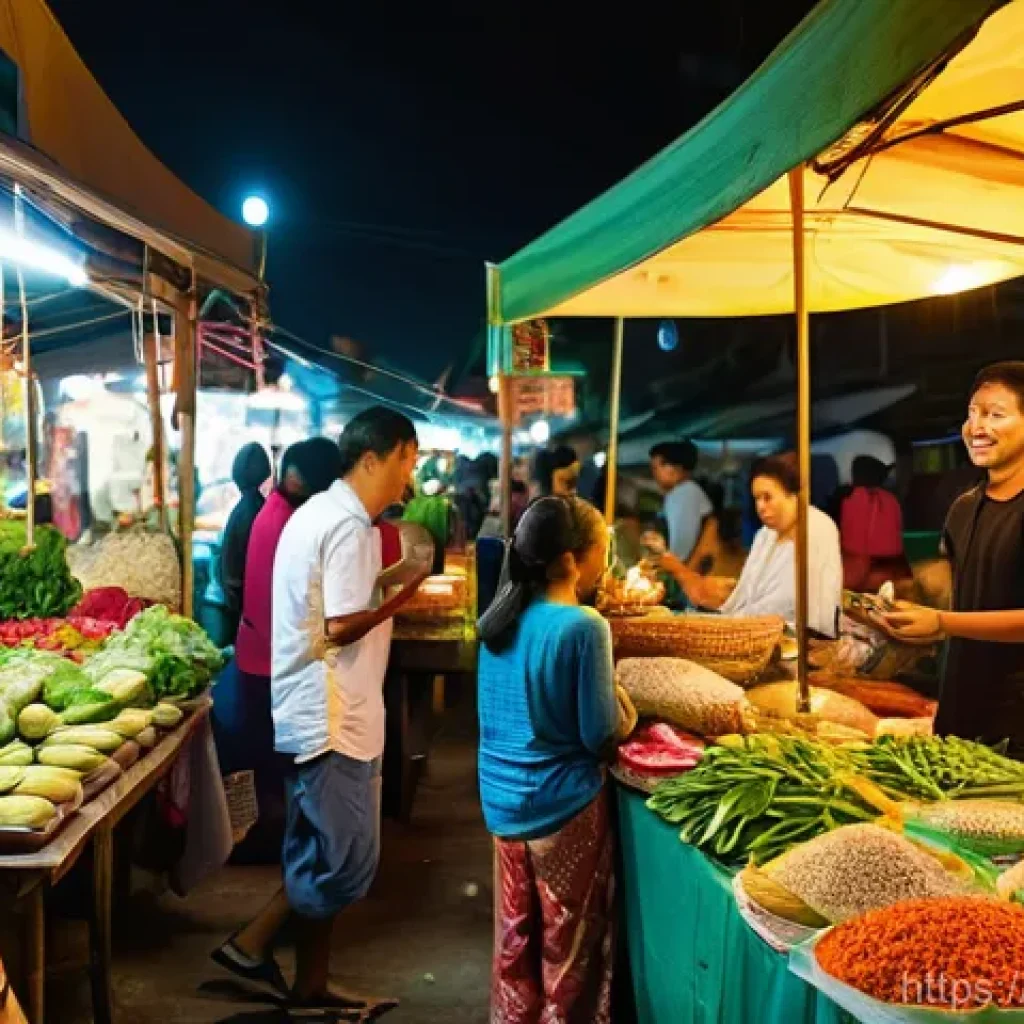 태국에서 여행할 때 주의점 - **Prompt:** A vibrant and bustling Thai night market scene. The image features a diverse crowd of pe...