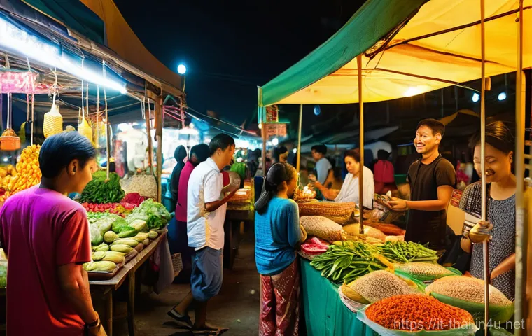 태국에서 여행할 때 주의점 - **Prompt:** A vibrant and bustling Thai night market scene. The image features a diverse crowd of pe...