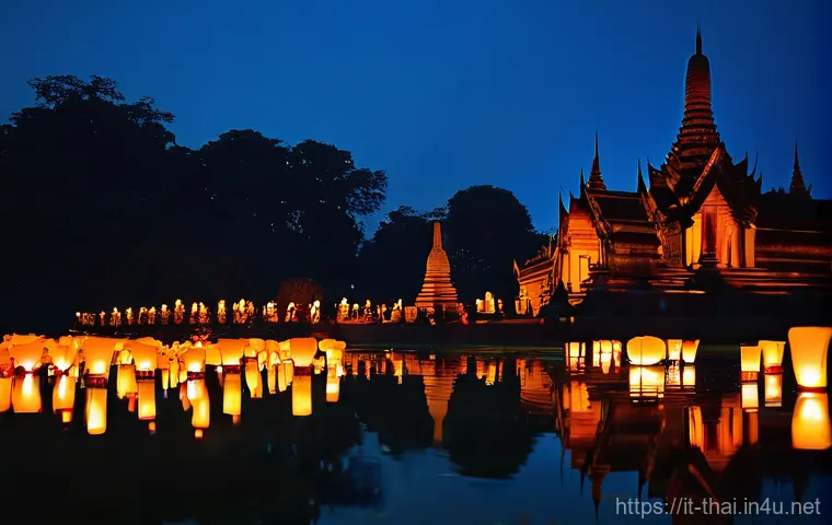 태국에서 열리는 국제 행사 - **Prompt 1: Enchanting Loy Krathong Festival in Sukhothai**
    "A breathtaking wide shot of the Loy...