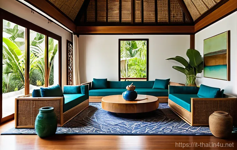 태국 디자인 산업 - **Prompt:** A serene and modern Thai living space showcasing a harmonious blend of traditional archi...