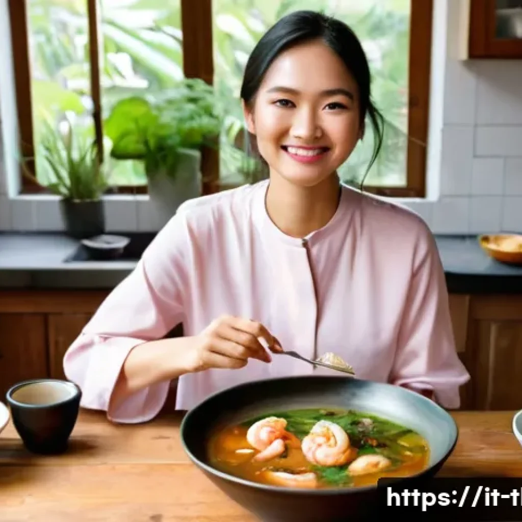 똠얌꿍 레시피 - **A culinary discovery at home:** A woman, in her late 20s or early 30s, with a look of pure delight...