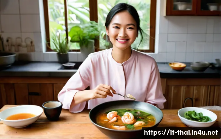 똠얌꿍 레시피 - **A culinary discovery at home:** A woman, in her late 20s or early 30s, with a look of pure delight...