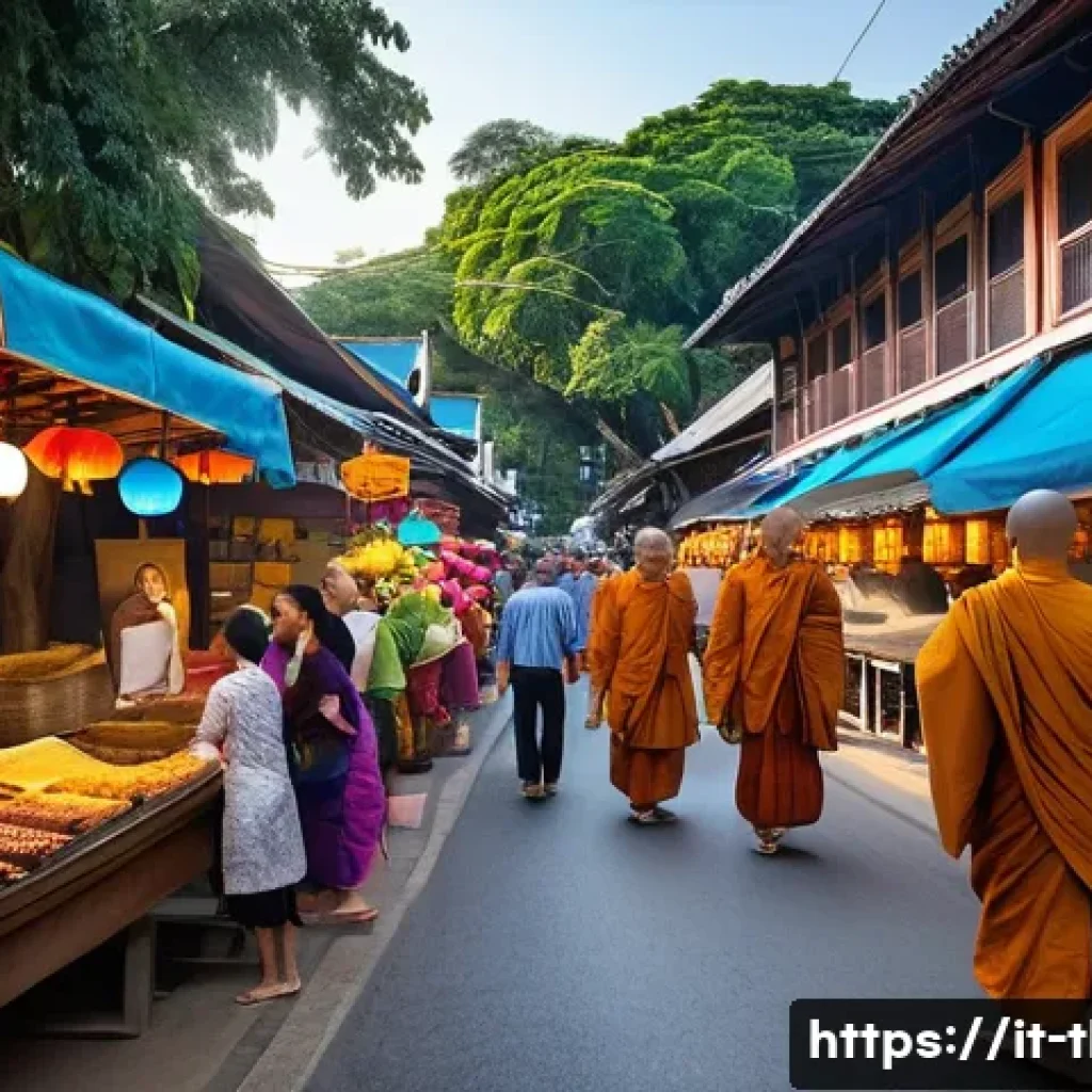 태국 내륙 여행지 - **Prompt:** A vibrant and bustling street scene in Chiang Mai, Northern Thailand, capturing the esse...