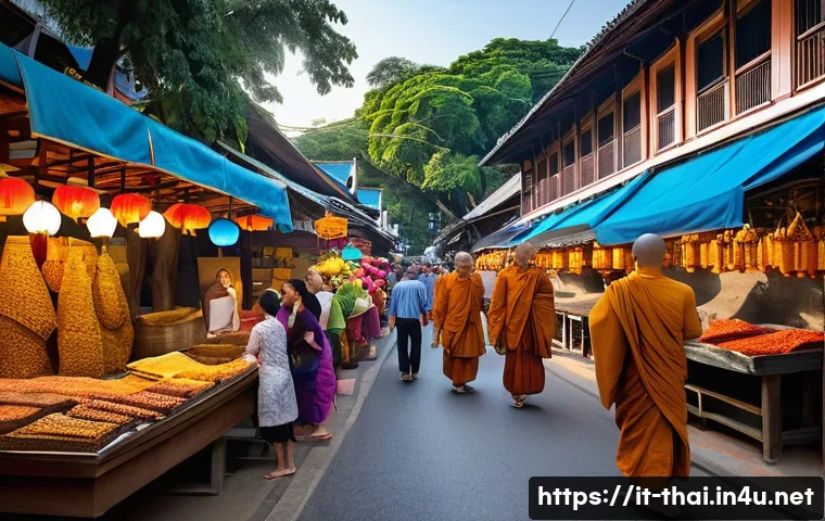 태국 내륙 여행지 - **Prompt:** A vibrant and bustling street scene in Chiang Mai, Northern Thailand, capturing the esse...